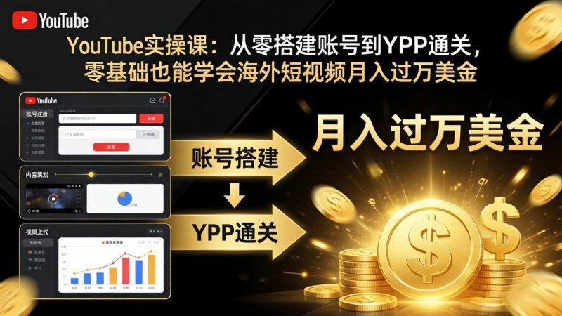 YouTube实操课:从零搭建账号到YPP通关,零基础也能学会海外短视频月入过万美金-咖脉互联