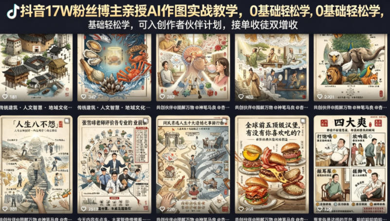 抖音17W粉丝博主亲授AI作图实战教学,0基础轻松学,可入创作者伙伴计划,接单收徒双增收-咖脉互联