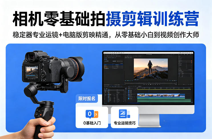 相机零基础拍摄剪辑训练营:稳定器专业运镜+电脑版剪映精通,从零基础小白到视频创作大师-咖脉互联