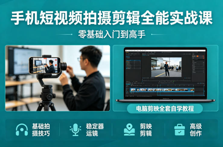手机短视频拍摄剪辑全能实战课:零基础入门到高手,稳定器运镜+电脑剪映全套自学教程-咖脉互联