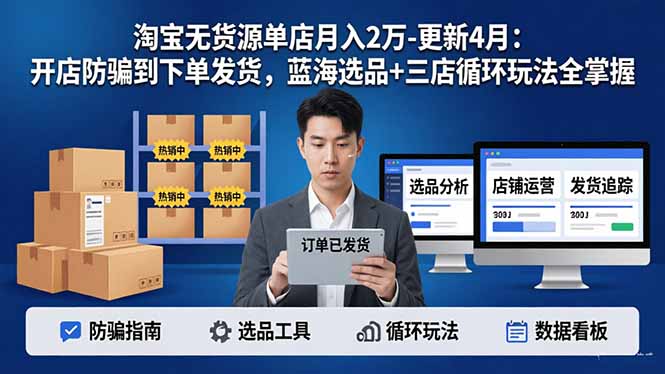 淘宝无货源5.0单店月入2万-更新4月:开店防骗到下单发货,蓝海选品+三店循环玩法全掌握-咖脉互联