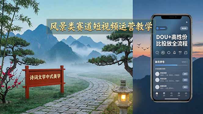 风景类赛道短视频运营教学:诗词文学中式美学,新号养号对标账号定位,DOU+高性价比投放全流程-咖脉互联