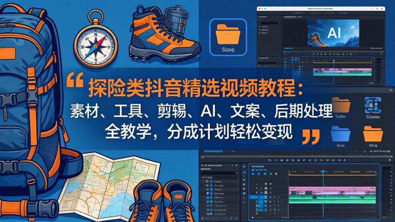 探险类抖音精选视频教程:素材、工具、剪辑、AI、文案、后期处理全教学,分成计划轻松变现-咖脉互联