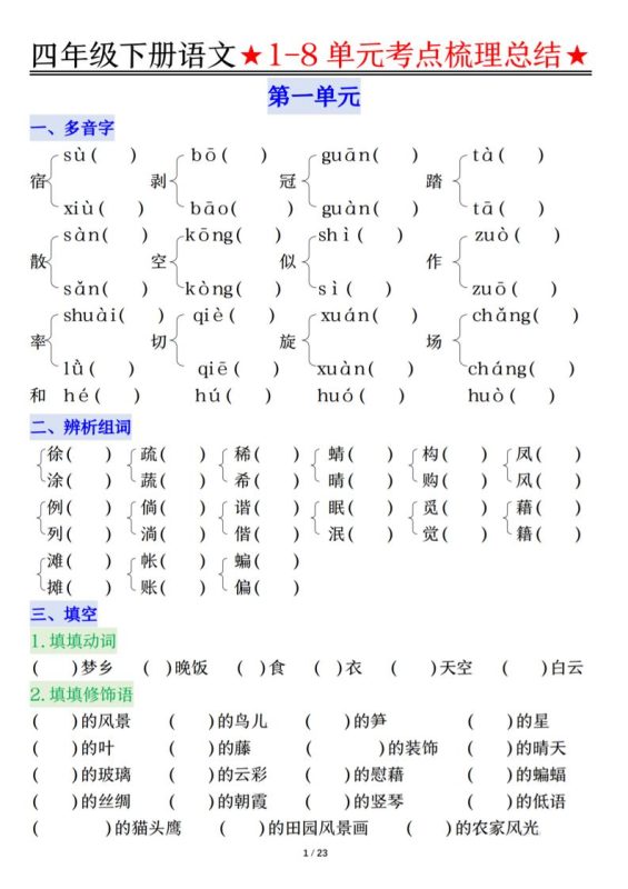 26春四年级下语文1-8单元知识复习要点-咖脉互联