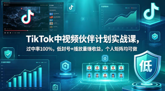 TikTok中视频伙伴计划实战课,过中率100%,低封号+播放量賺收益,个人矩阵均可做-咖脉互联