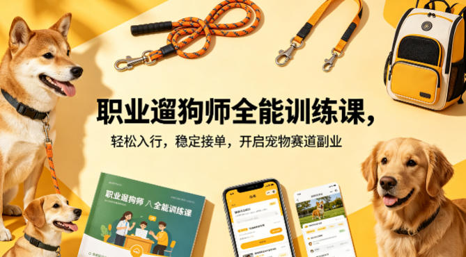 职业遛狗师全能训练课,轻松入行,稳定接单,开启宠物赛道副业-咖脉互联