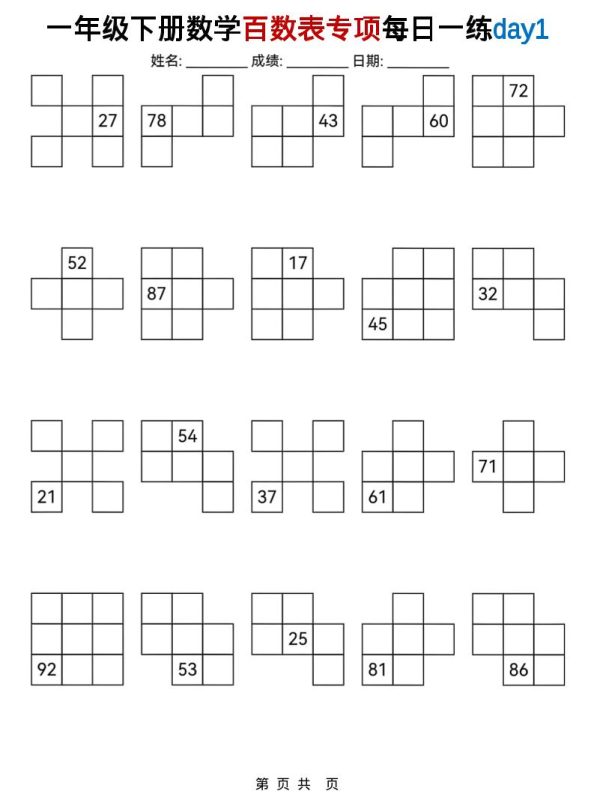 一年级下数学百数表专项每日一练-咖脉互联