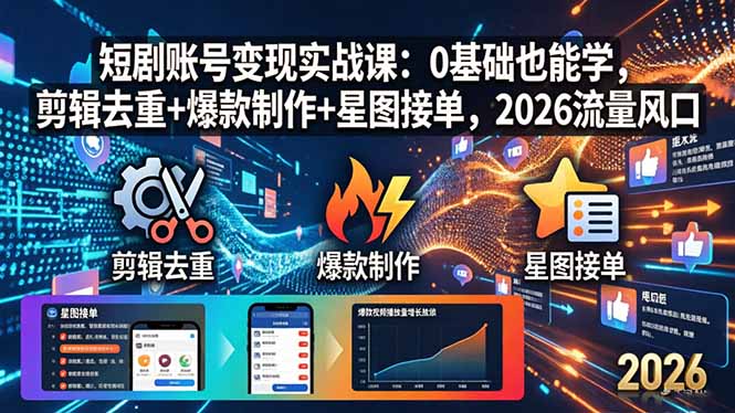 短剧账号变现实战课:0基础也能学,剪辑去重+爆款制作+星图接单,2026流量风口-咖脉互联