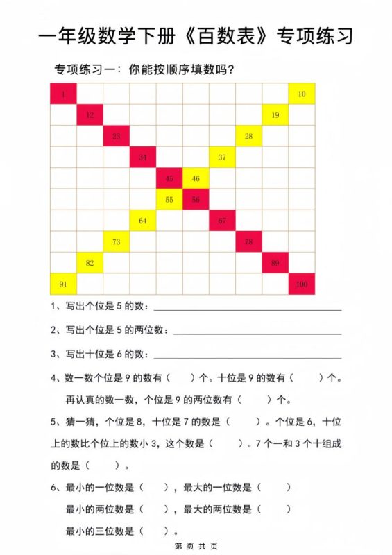 一年级下数学百数表专项练习2-咖脉互联