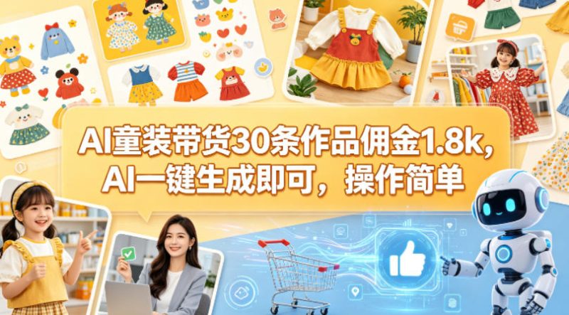 AI童装带货30条作品佣金1.8k,AI一键生成即可,操作简单-咖脉互联