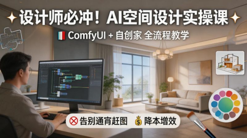 设计师必冲！AI空间设计实操课，ComfyUI+自创家全教学，告别通宵赶图，降本增效-咖脉互联