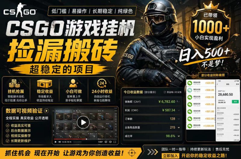 CSGO游戏搬砖,全自动挂G,不需要玩游戏,手机操作日入300+,解放双手【揭秘】-咖脉互联