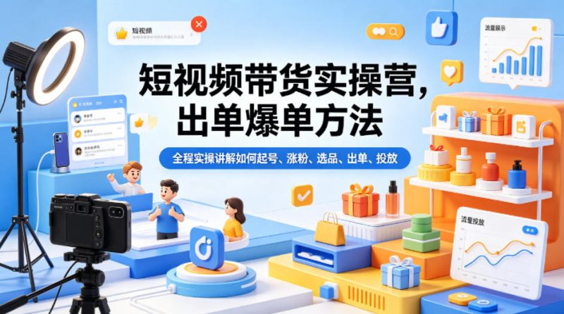 短视频带货实操营,出单爆单方法,全程实操讲解如何起号、涨粉、选品、出单、投放-咖脉互联