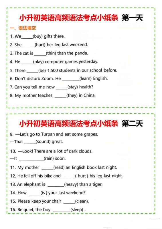 六年级下英语小升初高频语法考点小纸条《人教版PEP》-咖脉互联