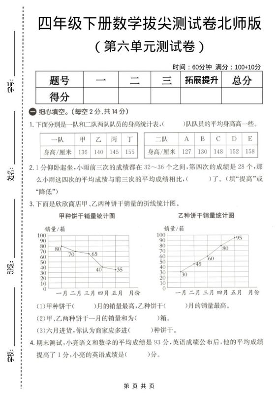 四年级下数学第六单元拔尖测试卷《北师版》-咖脉互联