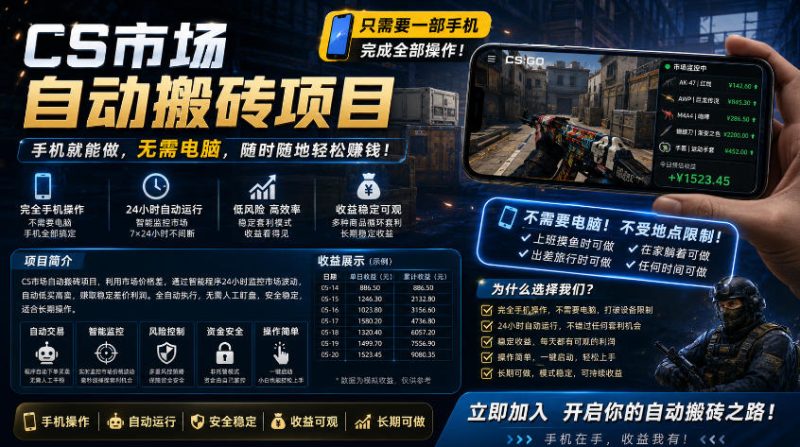 手机即可操作的CS市场自动搬砖系统|自动监控|自动下单|日入300+【揭秘】-咖脉互联