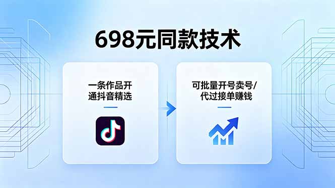 698元同款技术:一条作品开通抖音精选,可批量开号卖号,也可代过接单赚钱-咖脉互联