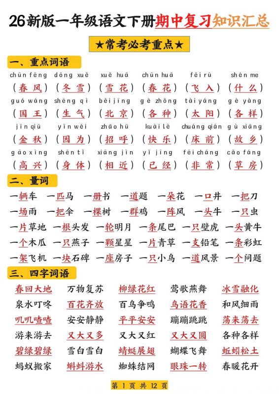 26新版一年级语文下册期中复习知识汇总-咖脉互联