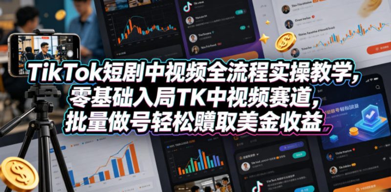 TikTok短剧中视频全流程实操教学,零基础入局TK中视频赛道,批量做号轻松賺取美金收益-咖脉互联