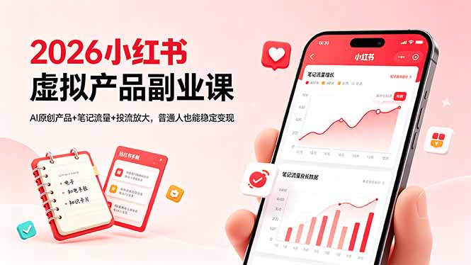 2026小红书虚拟产品副业课,AI原创产品+笔记流量+投流放大,普通人也能稳定变现-咖脉互联