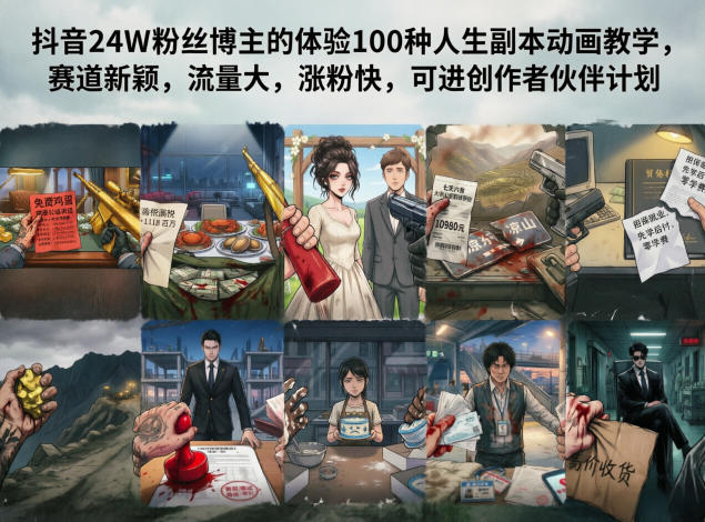 抖音24W粉丝博主的体验100种人生副本动画教学,赛道新颖,流量大,涨粉快,可进创作者伙伴计划-咖脉互联