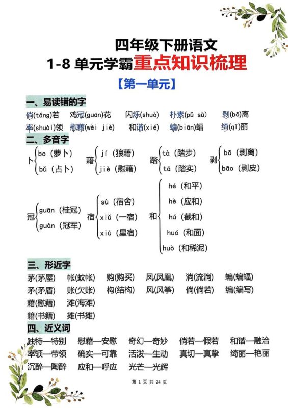 四年级下语文1-8单元学霸重点知识梳理-咖脉互联