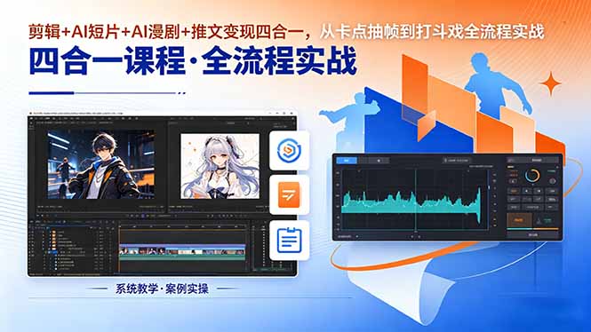 剪辑+AI短片+AI漫剧+推文变现四合一,从卡点抽帧到打斗戏全流程实战-咖脉互联