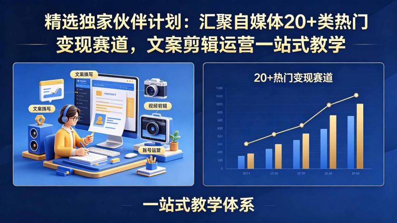 精选独家伙伴计划:汇聚自媒体20+类热门变现赛道,文案剪辑运营一站式教学-咖脉互联