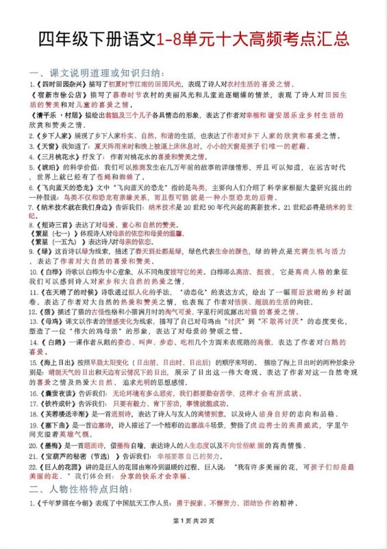 四年级下语文1-8单元十大高频考点汇总-咖脉互联