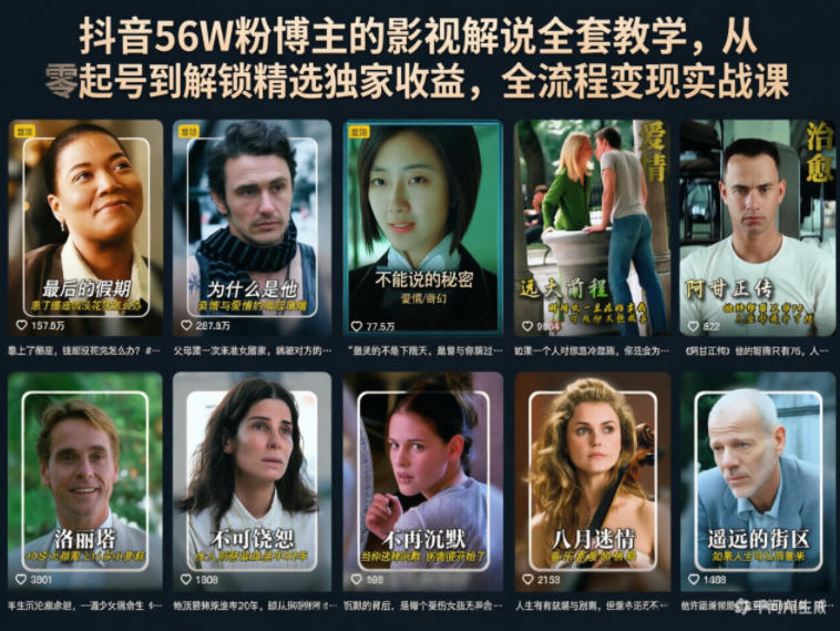 抖音56W粉博主的影视解说全套教学,从零起号到解锁精选独家收益,全流程变现实战课-咖脉互联