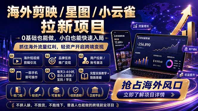 海外剪映 / 星图 / 小云雀拉新项目 普通人也能上手的跨境流量变现副业-咖脉互联