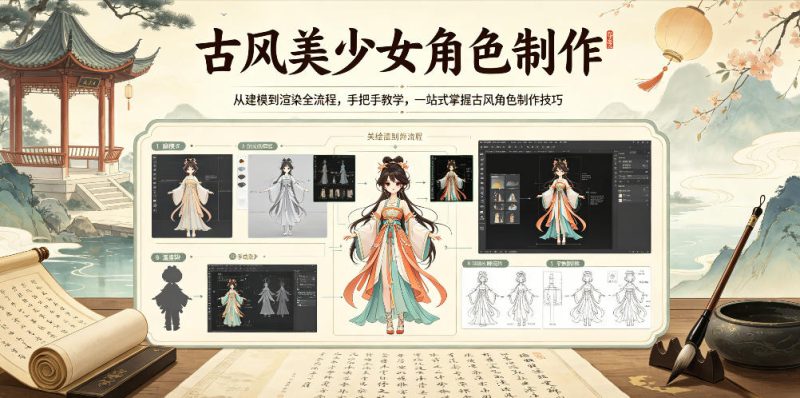 古风美少女角色制作,从建模到渲染全流程,手把手教学,一站式掌握古风角色制作技巧-咖脉互联