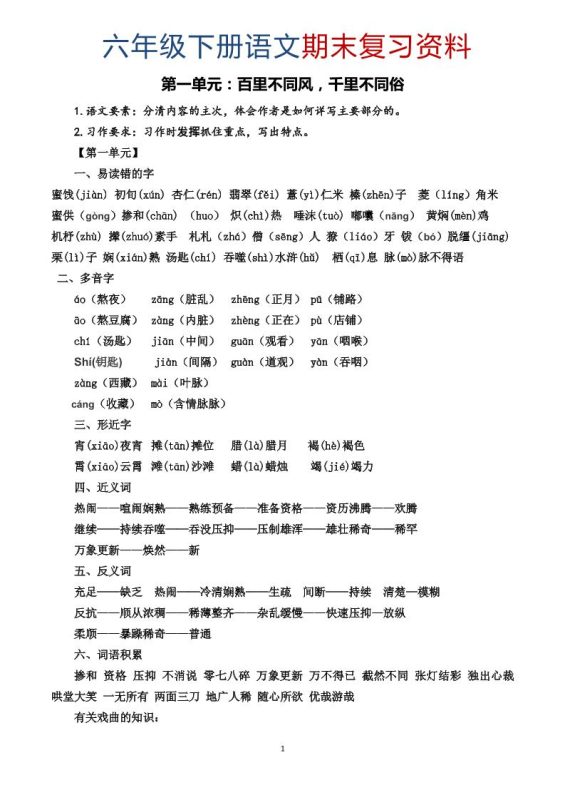 六年级下语文期末复习资料-咖脉互联