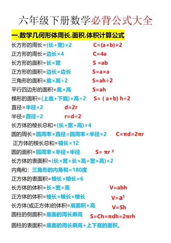 六年级下数学期末必背公式大全-咖脉互联
