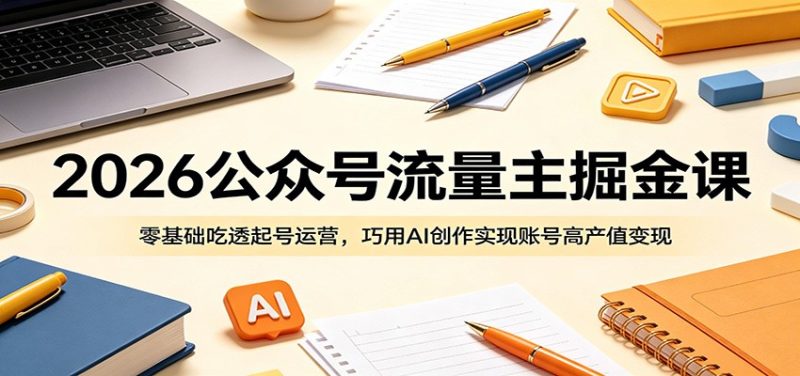 2026公众号流量主掘金课:零基础吃透起号运营,巧用AI创作实现账号高产值变现-咖脉互联