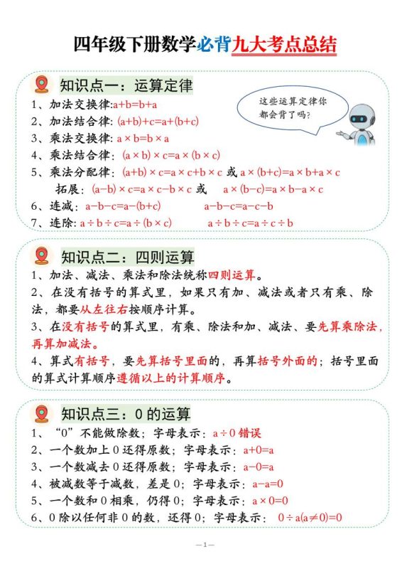 四年级下数学必背九大考点总结-咖脉互联
