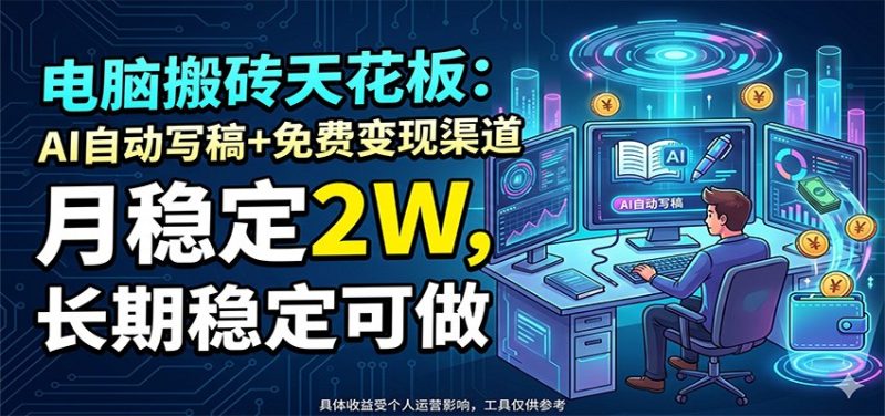 电脑搬砖天花板：AI自动写稿+免费变现渠道，月稳定2W，长期稳定可做-咖脉互联