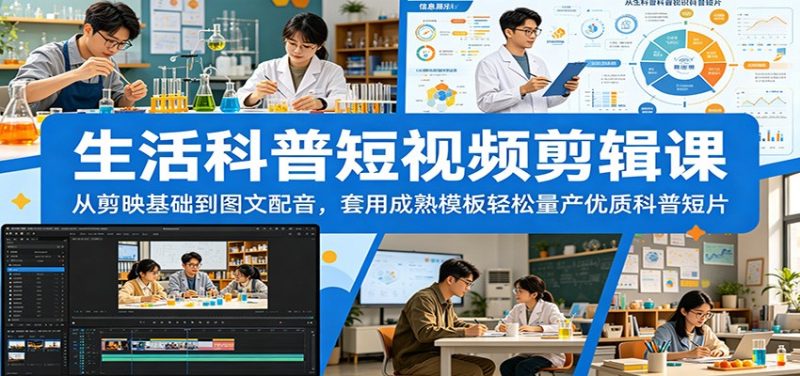 生活科普短视频剪辑课：从剪映基础到图文配音，套用成熟模板轻松量产优质科普短片-咖脉互联